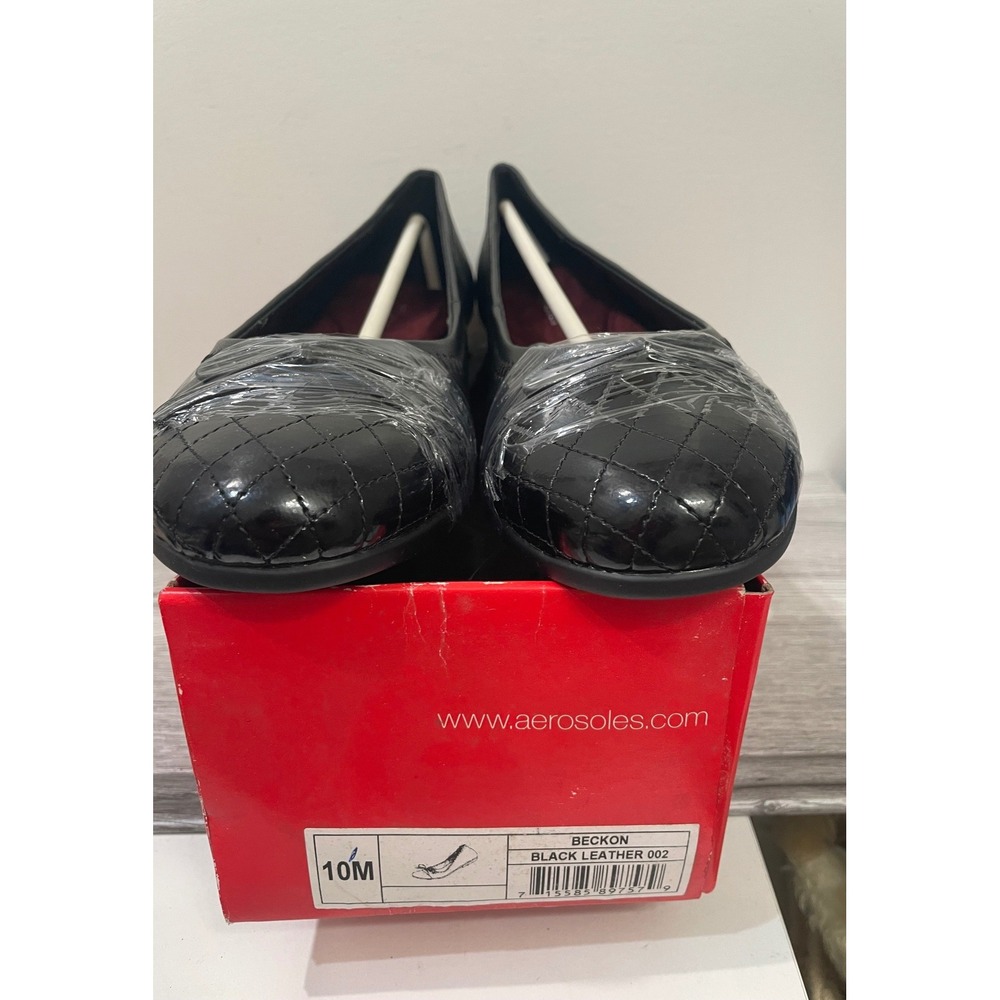 Aerosoles Beckon Black Leather Quilted Patent Cap Toe Ballet Flats Women 10M NEW